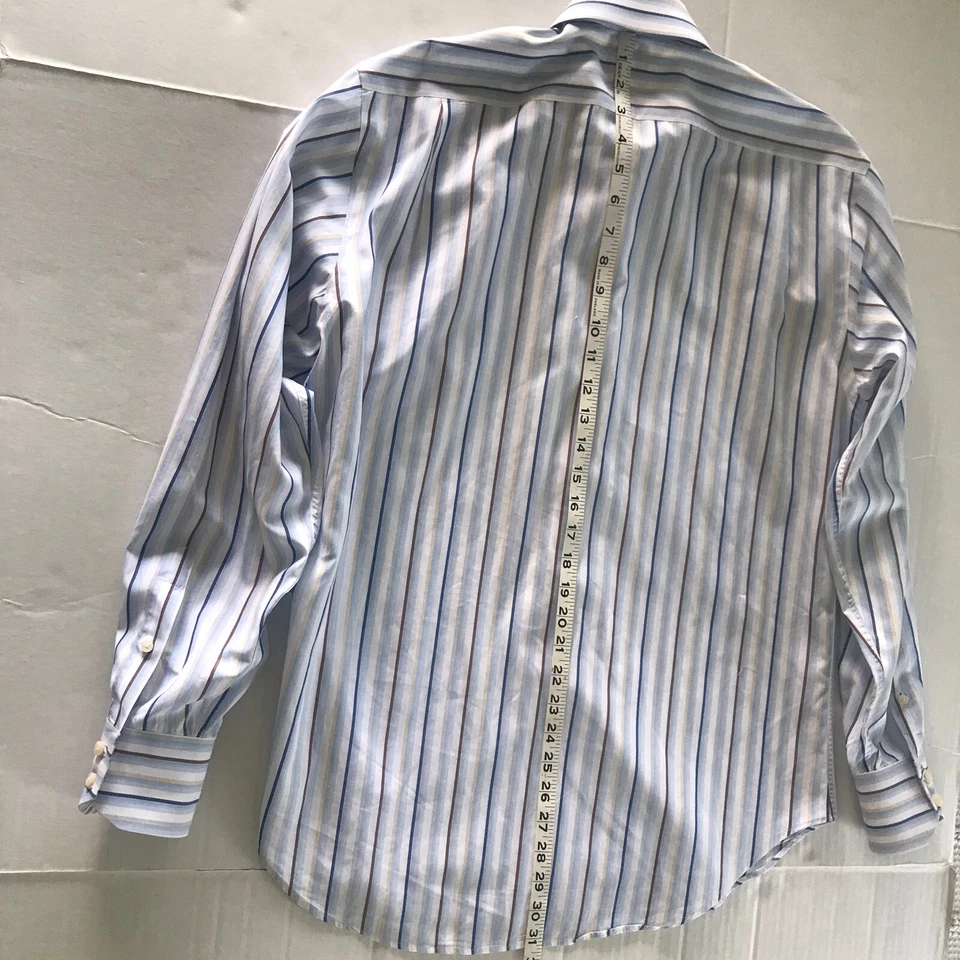 Tailorbyrd 棉正装衬衫男式中号蓝色棕色白色条纹长袖 — 第 3/4 张图片