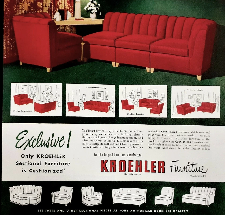 Kroehler sofa furniture ad vtg 1948 red sectional couch original advertisement - Image 2 of 2
