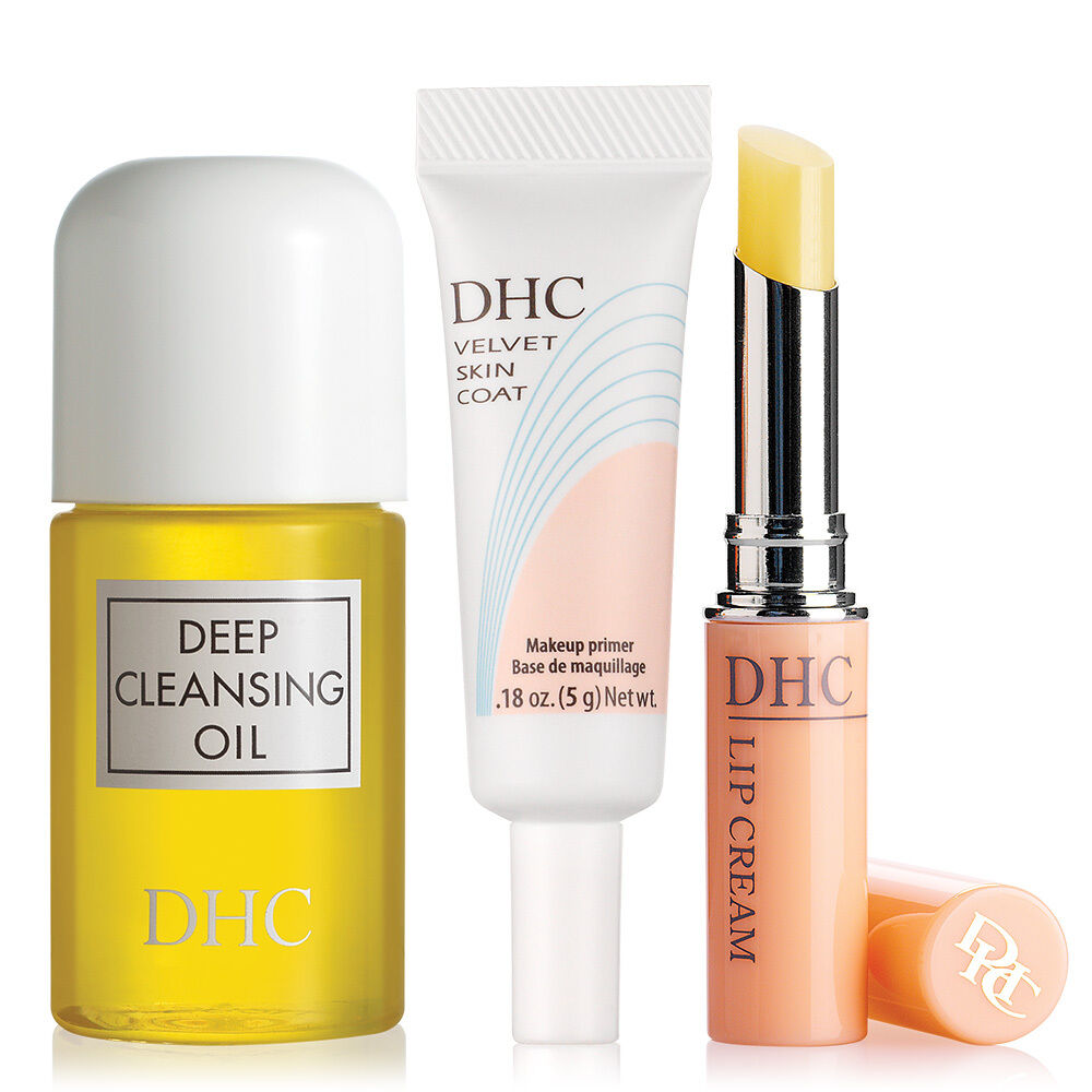 DHC Deep Cleansing Oil Mini, Velvet Skin Coat Mini, and Lip Cream, 4 samples