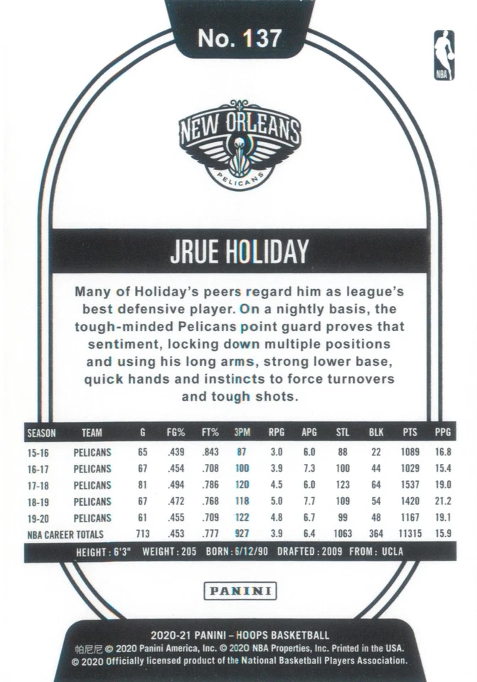 Jrue Holiday 2020-21 Panini NBA HOOPS Base Card #137 New Orleans Pelicans - Image 2 of 2