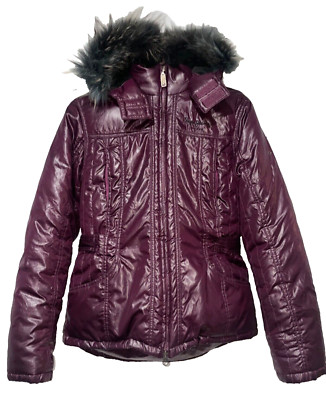 Pepe Jeans London Vintage Y2K Down Puffer Jacket Women's size M Coyote Fur Trim