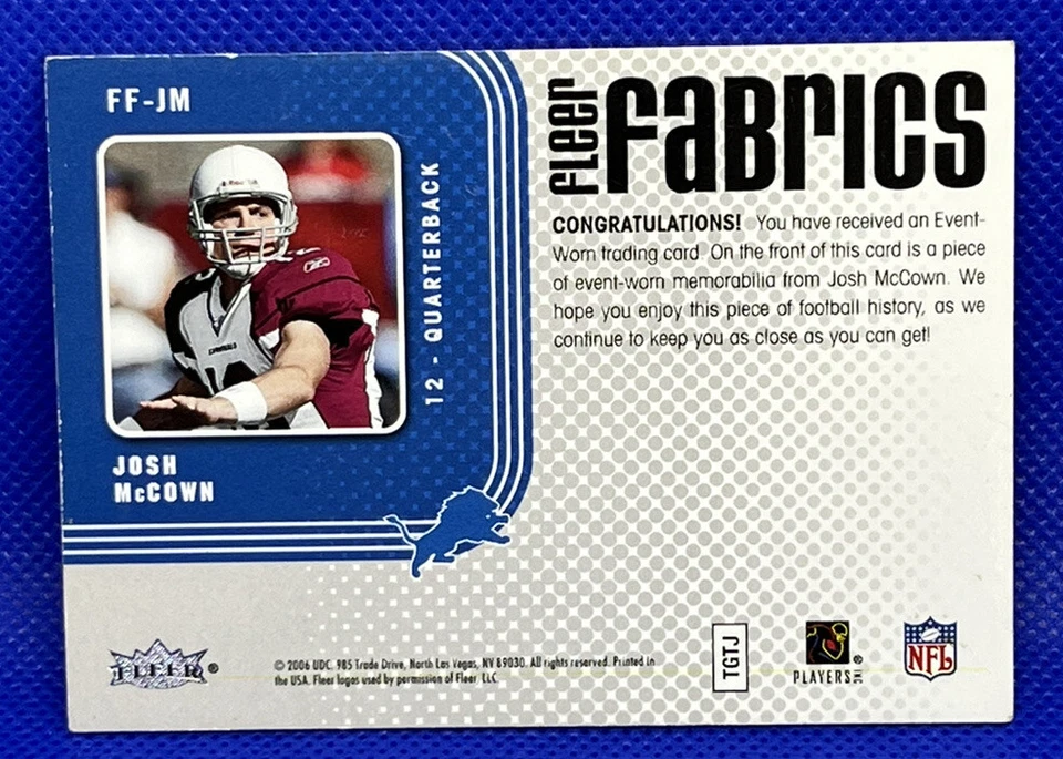2006 Fleer Fabrics Josh McCown #FFJM memorabilia relic jersey raw ungraded card - Image 2 of 2