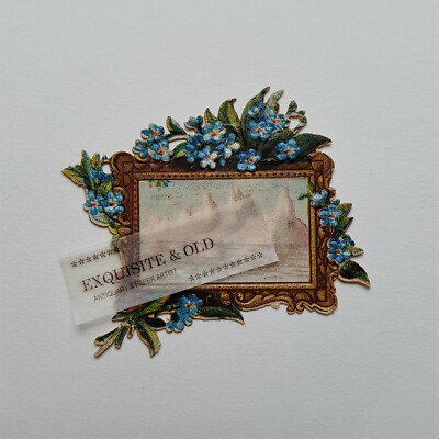 um 1900 Bild Berge See Rahmen Vergissmeinnicht Blumen Blüten Glanzbild Ephemera