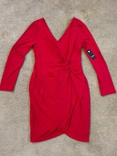 GUESS Women's Knot Detail Fitted Long Sleeve V-Neck Dress, Red Size 14