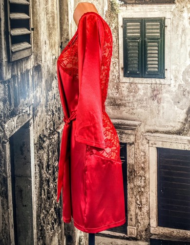 Red sexy sissy sliPpy soft polyester liquid satin dressing gown UK 14-16 R1939 - Picture 4 of 8