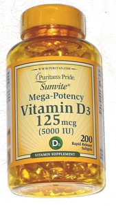 Puritans Pride 200 Softgels Sunvite Mega-Potency Vitamin D3 5000IU