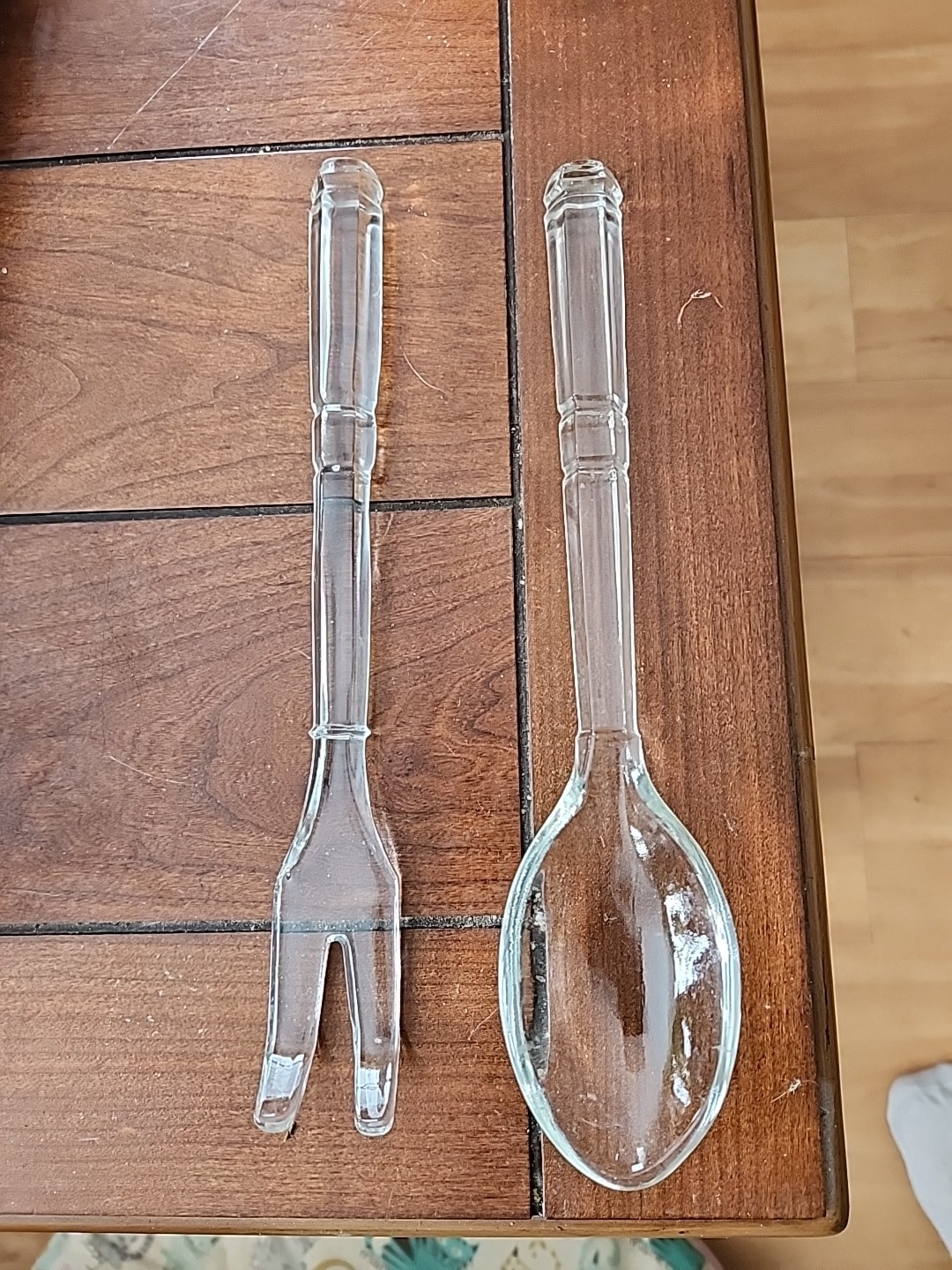 Vintage Glass Two Tine Salad Fork And Spoon Set Crystal 