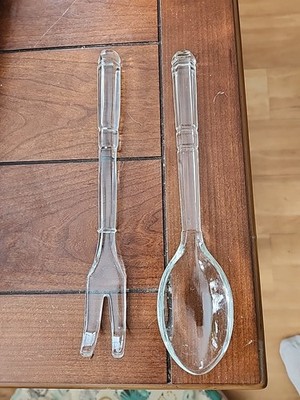 Vintage Glass Two Tine Salad Fork And Spoon Set Crystal 