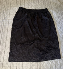 Vintage Women's Black 100 Silk Floral Pencil Knee Skirt 12 Elastic Korea