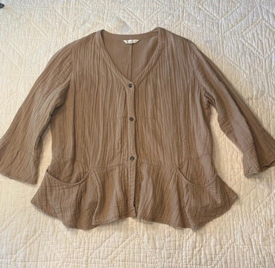 #ad #ad Kleen Lagenlook Ruffle Peplum Cardigan Top Tan Cotton Womens M $22.00