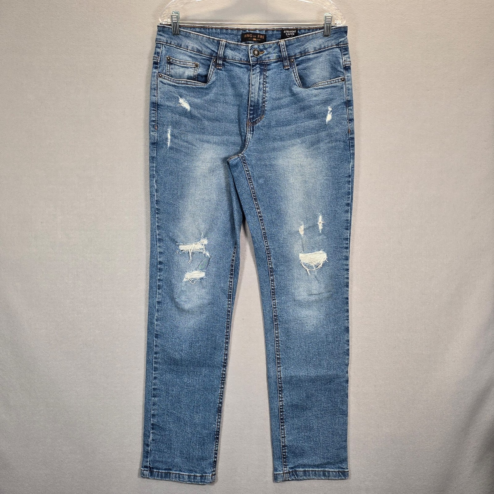 Ring of Fire  Straight  Taper Jeans Mens 33x30 Light Wash Blue Distressed Denim