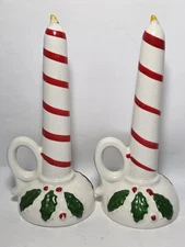 LIPPER & MANN Christmas Holly And Candy Cane Ceramic Candle Holder Figurines