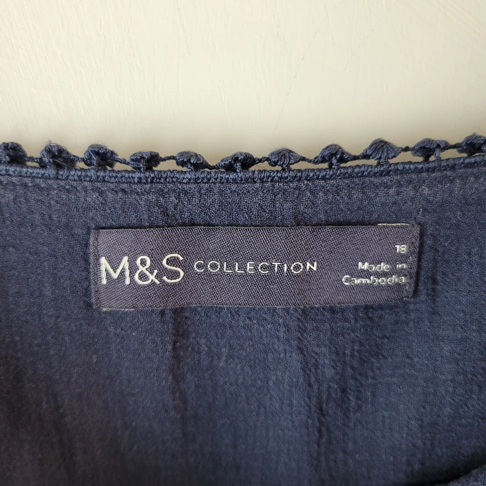 M&S Women Size 18 Navy Blue Embroidered Blouse Boxy Casual Summer Pretty Cottage - Image 3 of 4