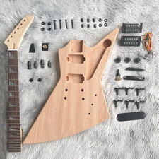 DIY 6 String Explorer Electric Guitar Kit Unfinish Mohagany Body Black Pickguard