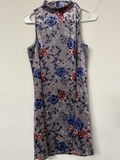 Vtg Y2K Mudd Large Mock Neck Velvet Dress Gray Pink Floral Sleeveless Fairy