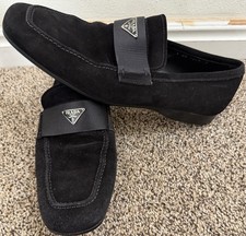 Prada Men  s Size 7 Triangle Logo Suede Loafers Black Luxury W/ Dust Bag