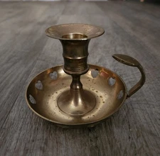 Vintage Brass Candlestick Holder Heart Design Handle 3"