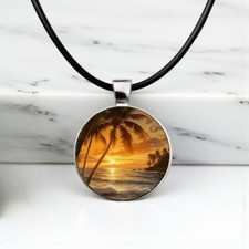 Tropical Beach Sunset Round Glass Pendant Necklace Rope Chain