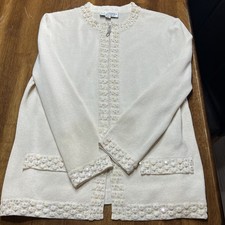 St John Evening sz 12 Bright Cream Knit Jeweled Full Zip Jacket USA