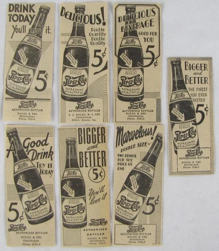 Vintage 1936 PEPSI Cola Coke Bottle Print Ads Lot
