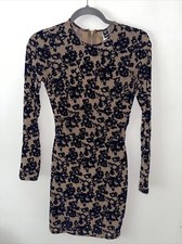 Windsor Long Sleeve Stretch Dress Nude With Navy Flowers Size S