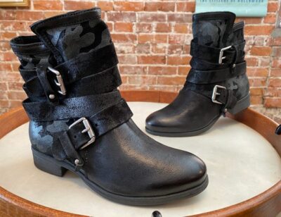 Miz Mooz NYC Black Camo Leather Savvy Moto Buckle Ankle