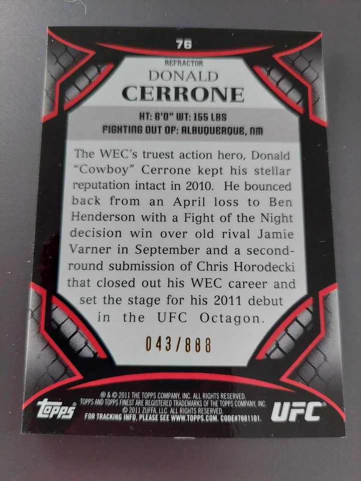 Donald Cerrone #76 Debut 2011 Topps UFC Finest Refractor #043/888 - Image 2 of 2