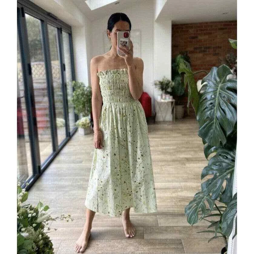 H M Wildflower Meadow Collection Green Floral Smocked Bandeau Dress XS M