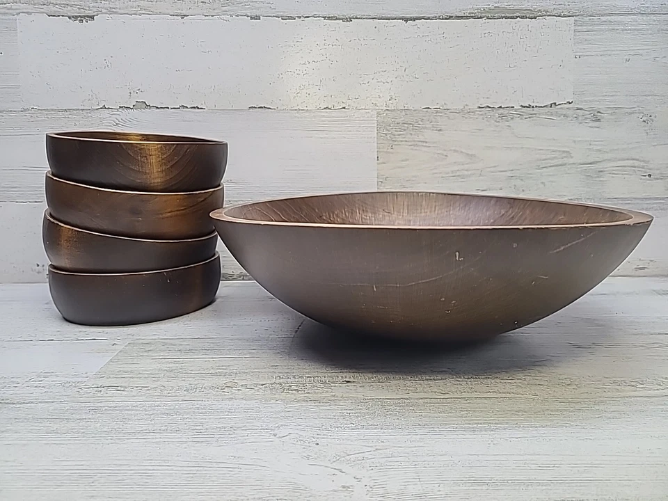 Weston Mill Wood Handmade Salad Bowl Set 5 Piece 5 3/4" Round 13" Large Brown - Image 2 of 4