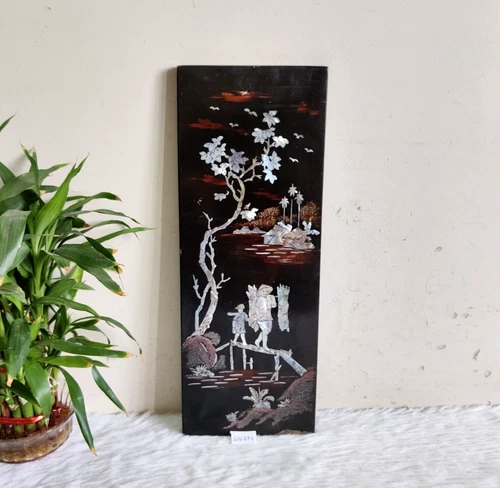 Antique Japanese Farmers Mother of Pearl Inlay Shibayama Art Wall Hanging WN273
