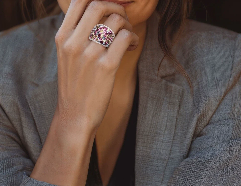 6.10CT Multicolored Gemstone & 1.06CT Simulated Sapphire Wide Party Women's Ring - Image 2 of 4