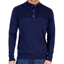NEW Club Room Men's Pull Over Button Mock Long Sleeve Knit Sweater Navy Blue XL