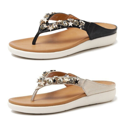 Damen Zehentrenner Flip Flops Sandale mit Perlen und Steinchen Slip on Hausschuh