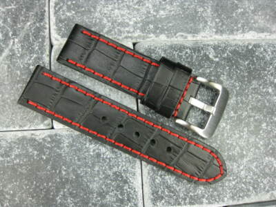 New 24mm BIG CROCO Leather Strap Black Thick Watch Band Belt Red for BREITLING