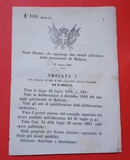 Decree Kingdom of Italy Added Two Roads List of Provincials of Modena 1883