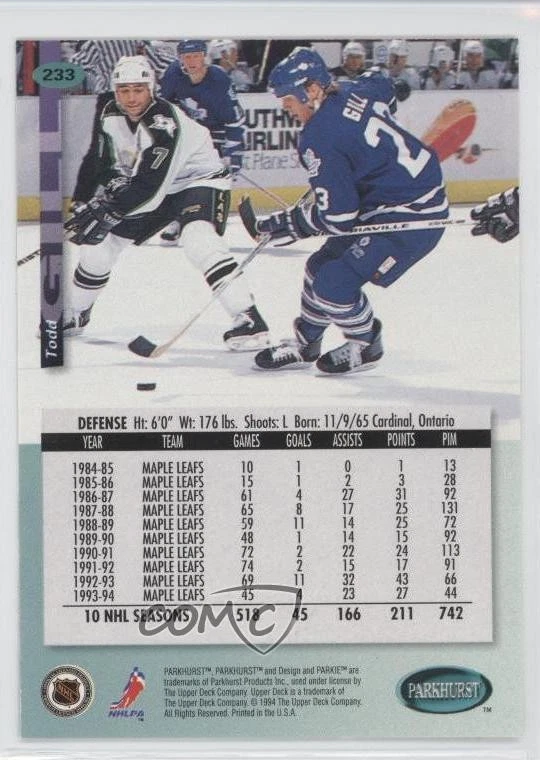 1994-95 Parkhurst Gold Parkie Todd Gill #233 - Image 2 of 2