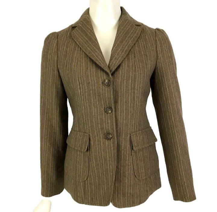Bloomsbury Jacket Brown Size 8 Grey Pin Stripe 3 Button Wool Blend Lined Women's