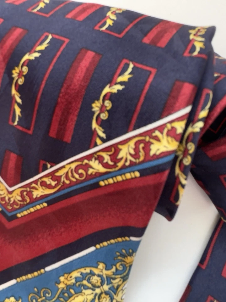 J. Ferrar Silk Tie Red Blue Gold Abstract Gold Leaf Necktie 46 x 4 Italian Made - Image 2 of 4