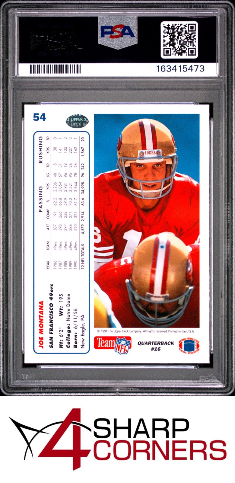 1991 UPPER DECK #54 JOE MONTANA 49ERS HOF PSA 10 view 2