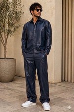 Navy Blue Men’s Leather Shirt & Pant Outfit Set Premium Leather Outfit Wear Set