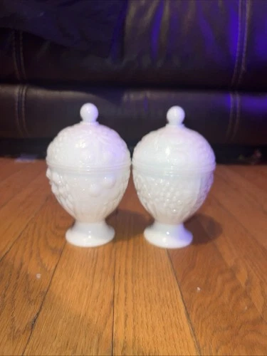 Lot  2 Avon Milk Glass w/Lid Pedestal Compote Candy Nut Dish Floral Vintage