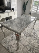 Large 6 Seater Grey Marble Top Dining Table With Polished Stainless Steel Base