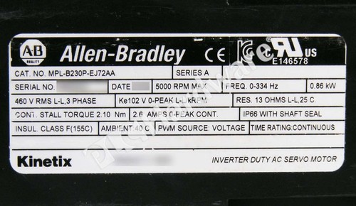 Surplus Open Allen Bradley MPL-B230P-EJ72AA Ser A 460V 5000RPM 2.1Nm Servo Motor - Picture 9 of 10