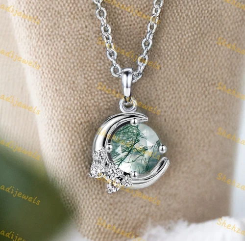 Natural Moss Agate Pendant Sterling Silver Moon Necklace Cable Chain Gift ForHer - product listing photo