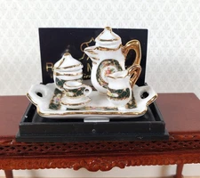 Dollhouse Coffee Set "Irish Gold" on Serving Tray Reutter Porcelain 1:12 Scale