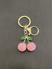 Cherry Pink Rhinestone Cherries Charm Pendant Car Purse Gold Keychain Keyring