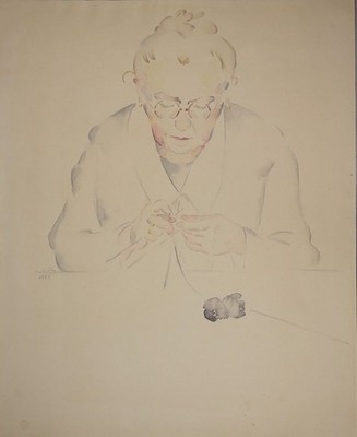 Kurt Voss (1892-1967): Ältere Dame beim Stricken Aquarell Signiert 1927