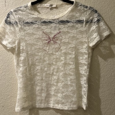 No Comment  NWT!! Women s Sheer Lace Top With Bow Design Baby Tee Size Med