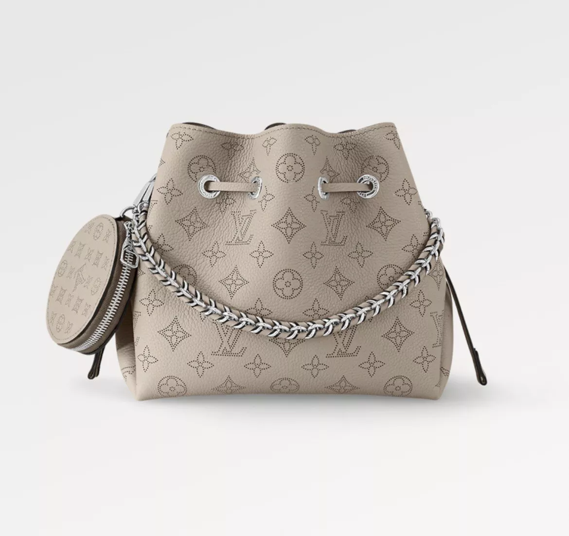 Louis Vuitton Grey, Metallic Monogram Mahina Bella Galet Bucket w/ Pouch