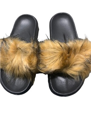 Women's Brown Soft Faux Fur Slides Sandals Slippers Size